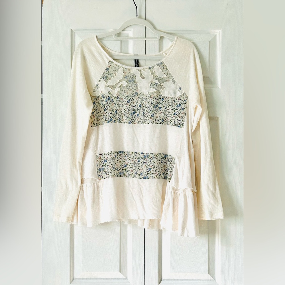 Free People Off White Floral Pattern Patchwork Layered Long Sleeved Top